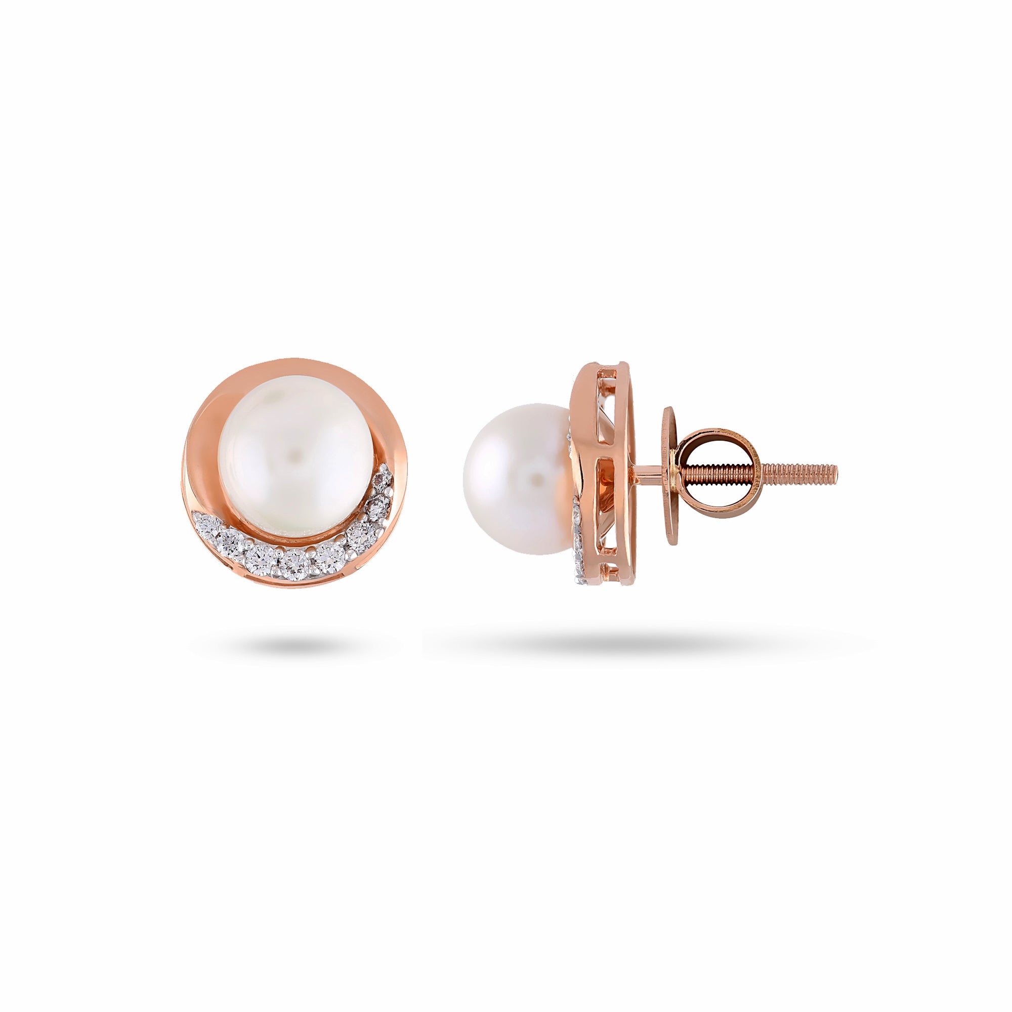 Cresent Diamond Pearl Stud Earrings