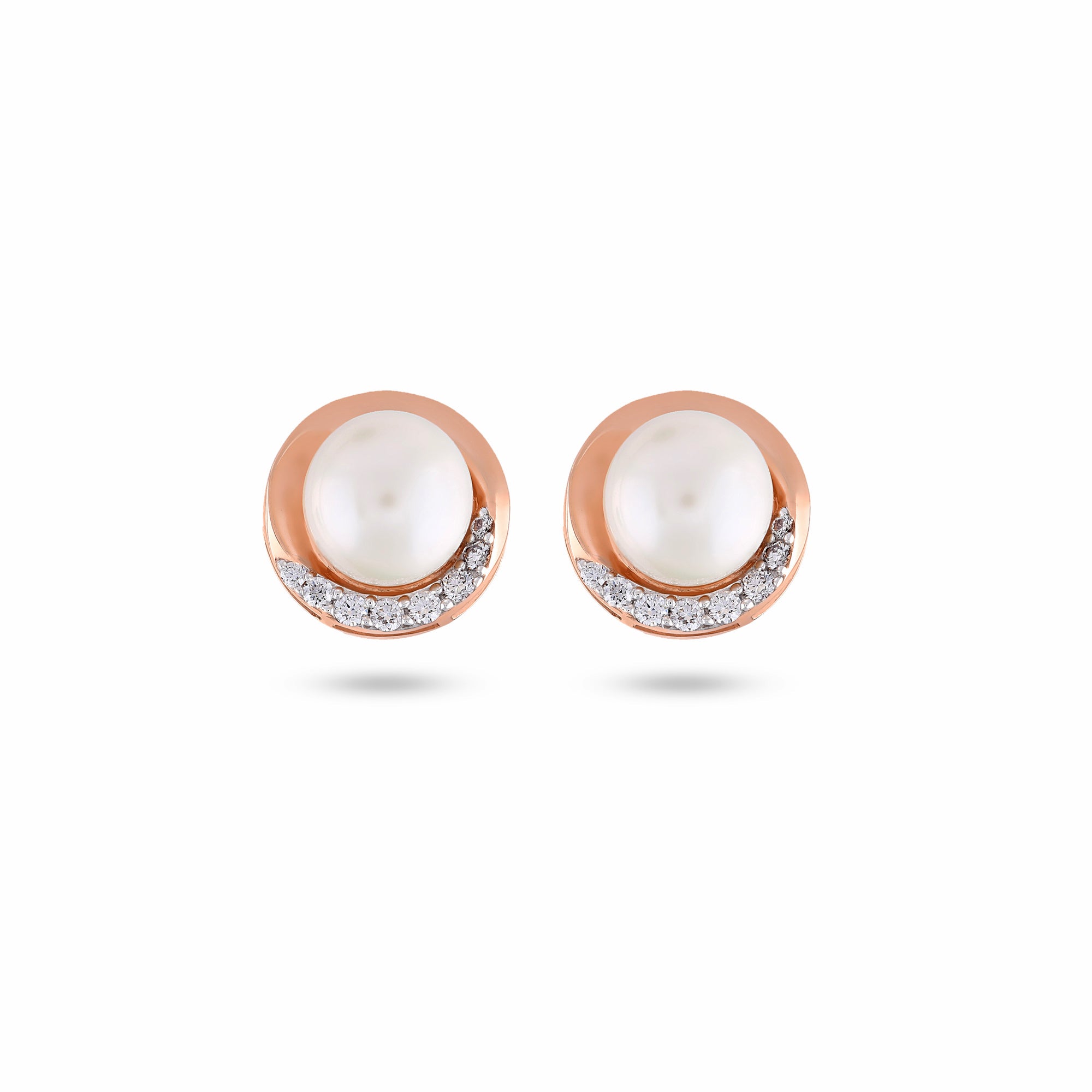 Cresent Diamond Pearl Stud Earrings