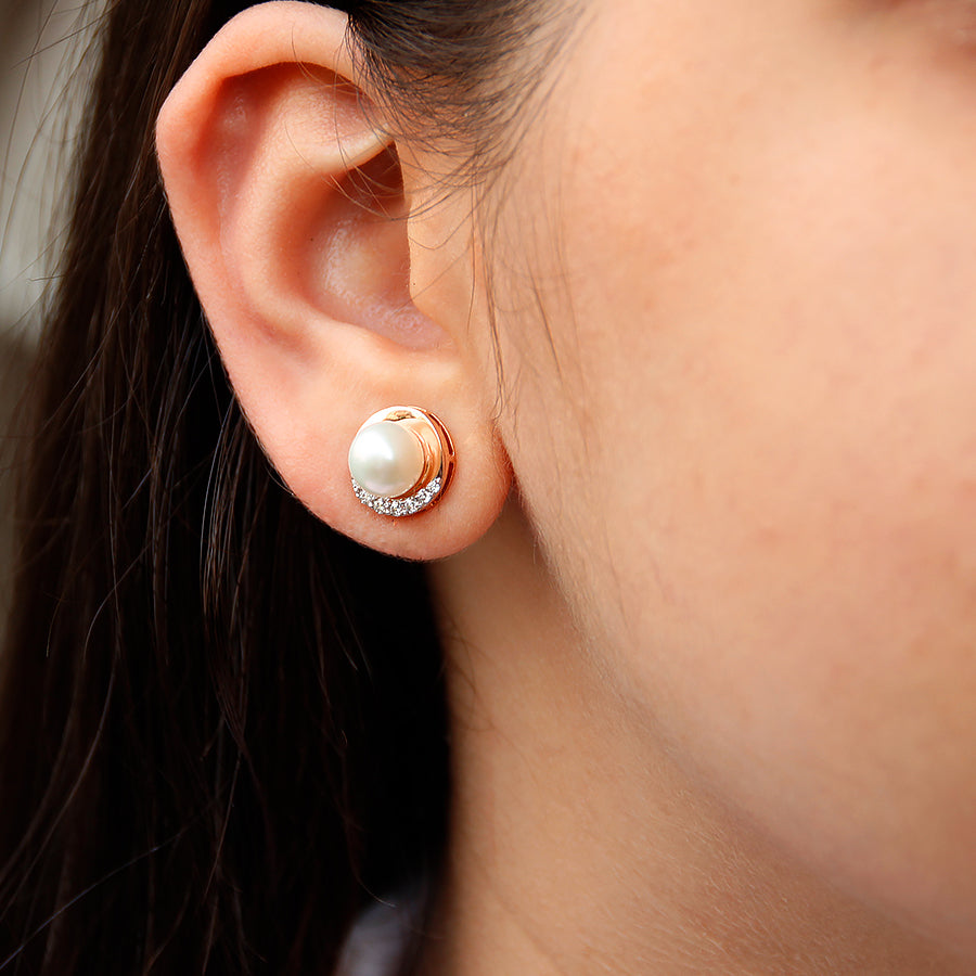 Cresent Diamond Pearl Stud Earrings