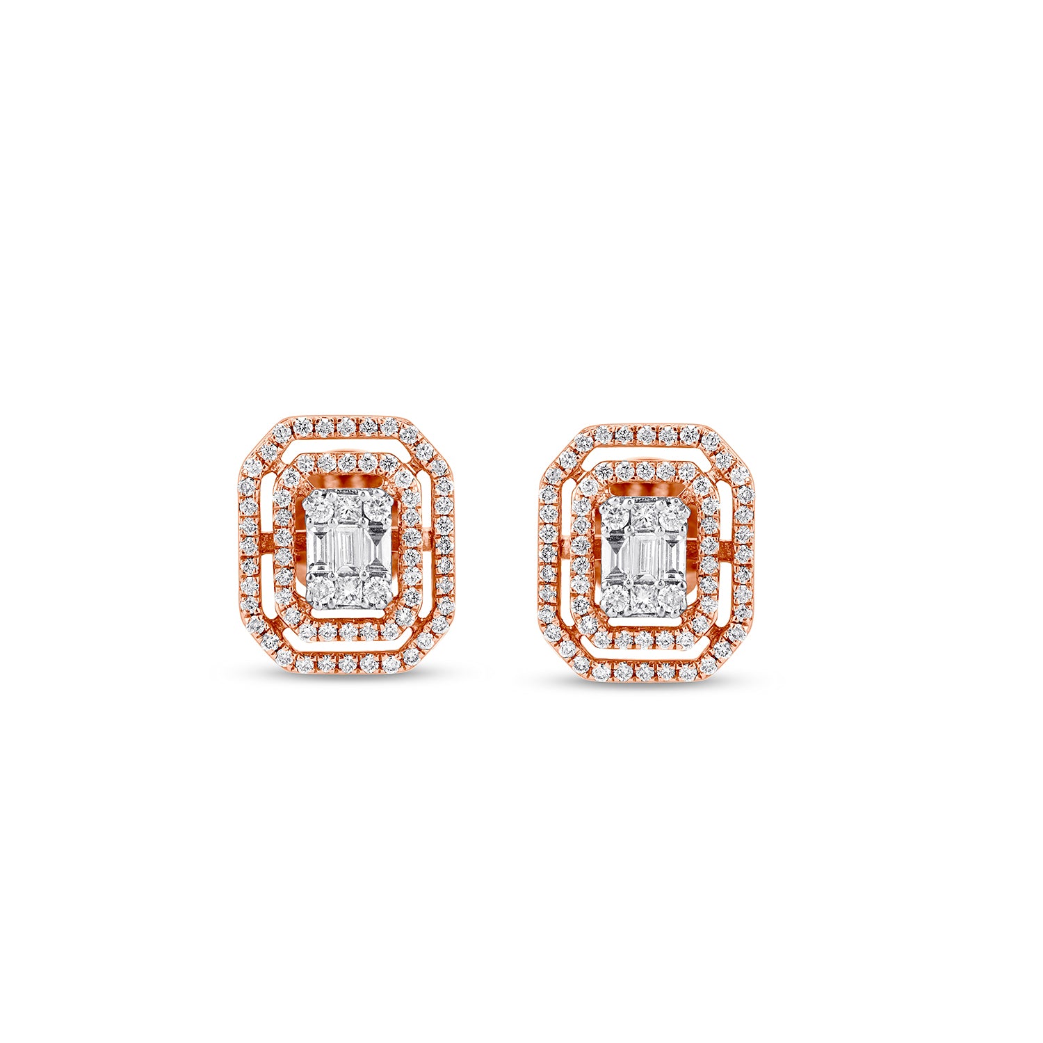 Double Emerald Shape Halo Composite Diamond Stud Earrings