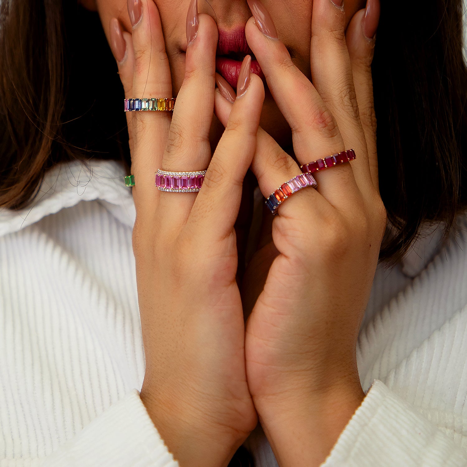 Emerald Cut Rainbow Sapphire Band