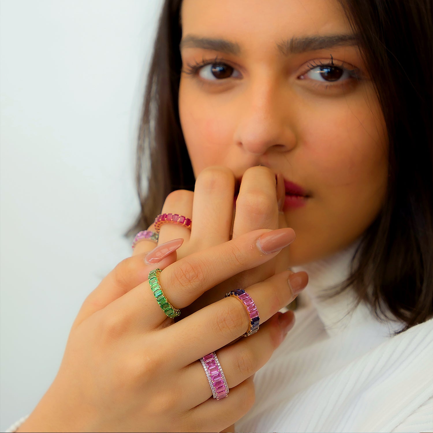 Emerald cut Red Ruby half eternity Band